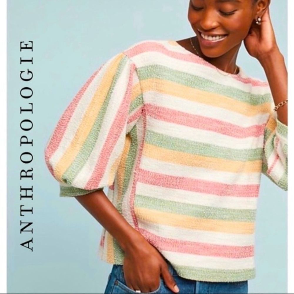 Anthropologie Current Air Ballon Sleeve Striped Textured Top